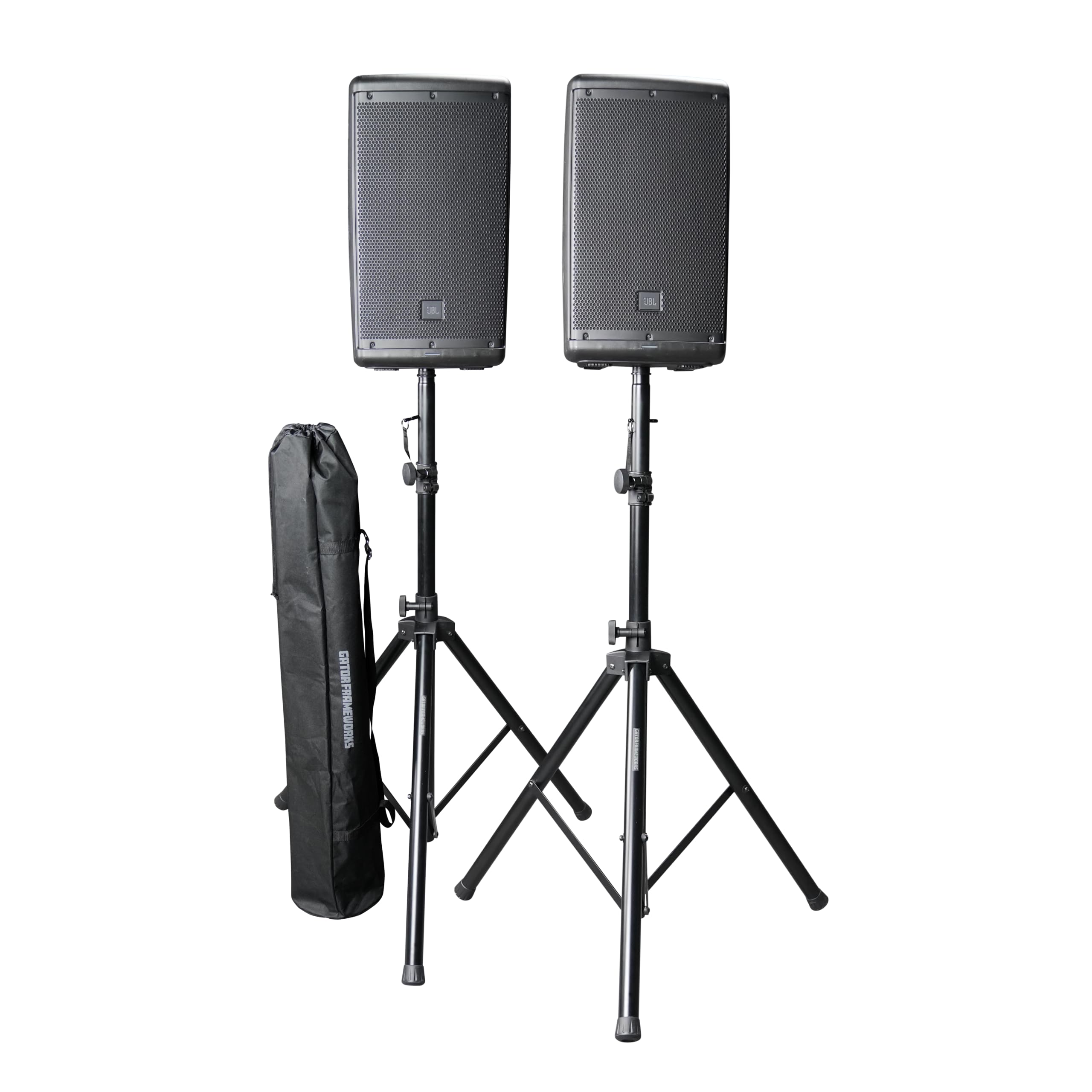 Gator Frameworks Rok-It Series Set of Lightweight Aluminum Tripod Speaker Stand with Carry Bag, Dual-diameter 35mm to 38mm Pole and Supports up to 120 lbs (RI-SPKRSTDSET-200-AL)