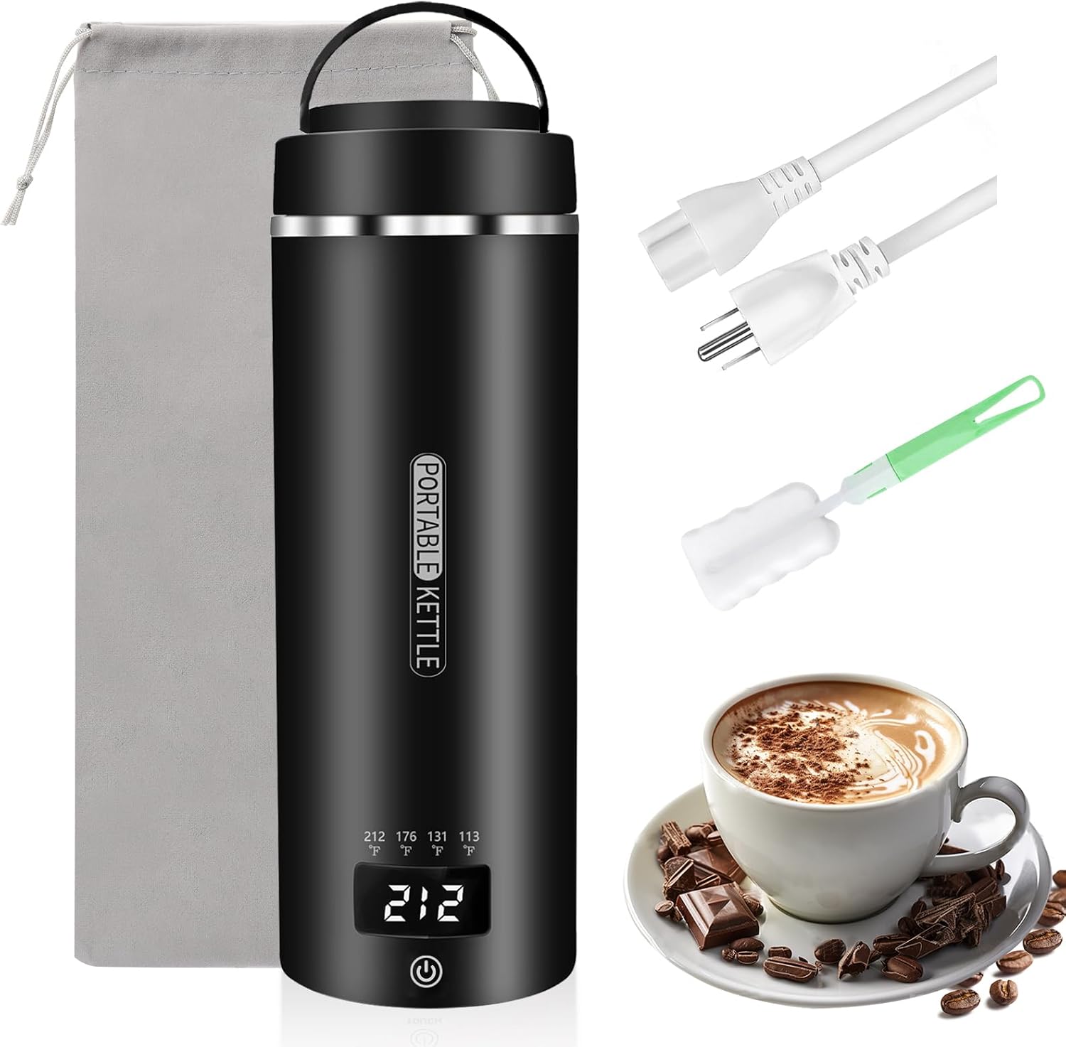 Travel Electric Kettle 16oz/450ml Portable Small Water Boiler with 4 Temperature Settings, Plug in 304 Stainless Steel Tea Heater with Auto Shut-off(Black）