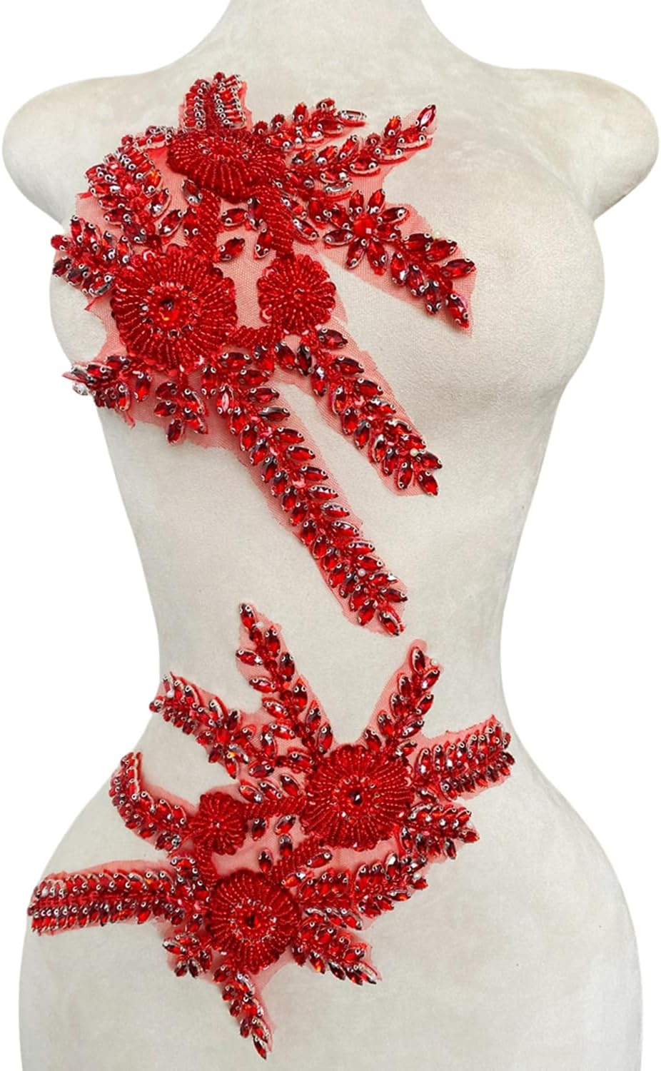 Hand-Made Beaded Rhinestons DIY Clothing Appliques Patch,Beaded Applique for Jeans Jacket Shoes Bags and Other DIY Projects Decoration Beading Flower Applique by Pair (Red)