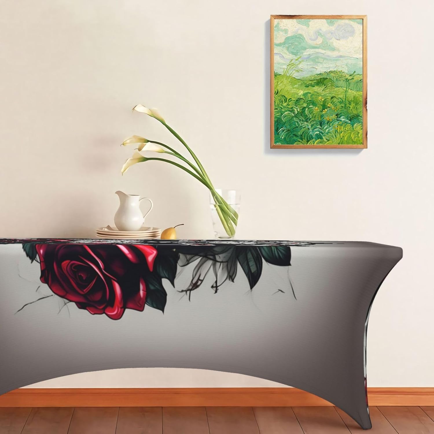 Red Rose Skull Print Table Cover Rectangular Tablecloth for 6-Foot Tables for Wedding Banquets Outdoor