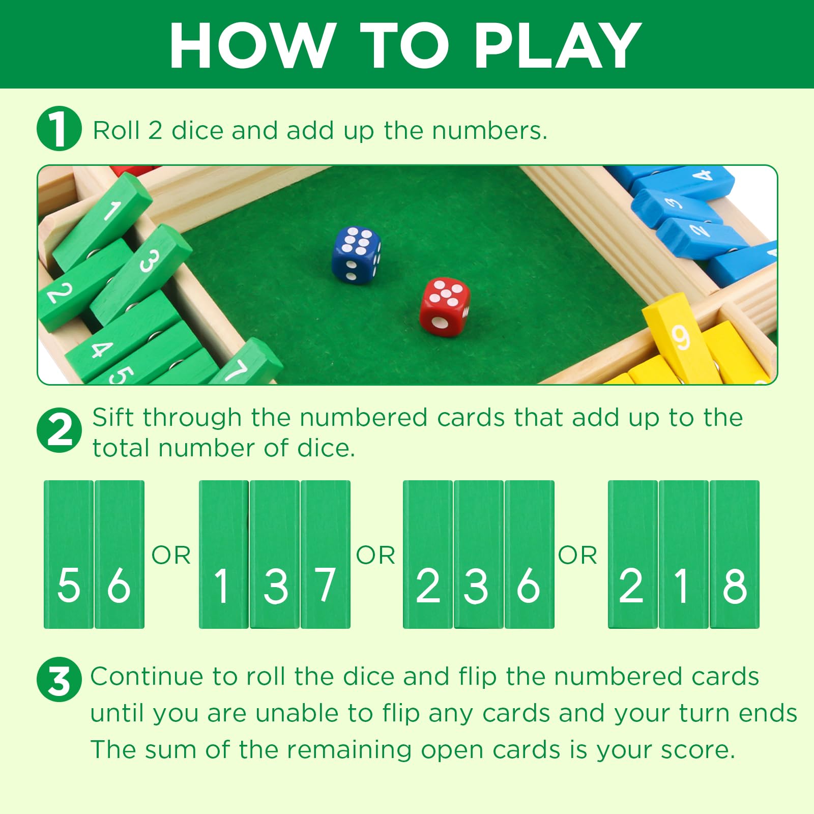 ACTOYS Shut the Box, Giochi da Tavolo, Dadi da Gioco con 2 Dadi, Gioco per 4 Giocatori, Classico Gioco da Tavolo, giochi da tavolo, Gioco di Matematica per bambini e adulti (B)