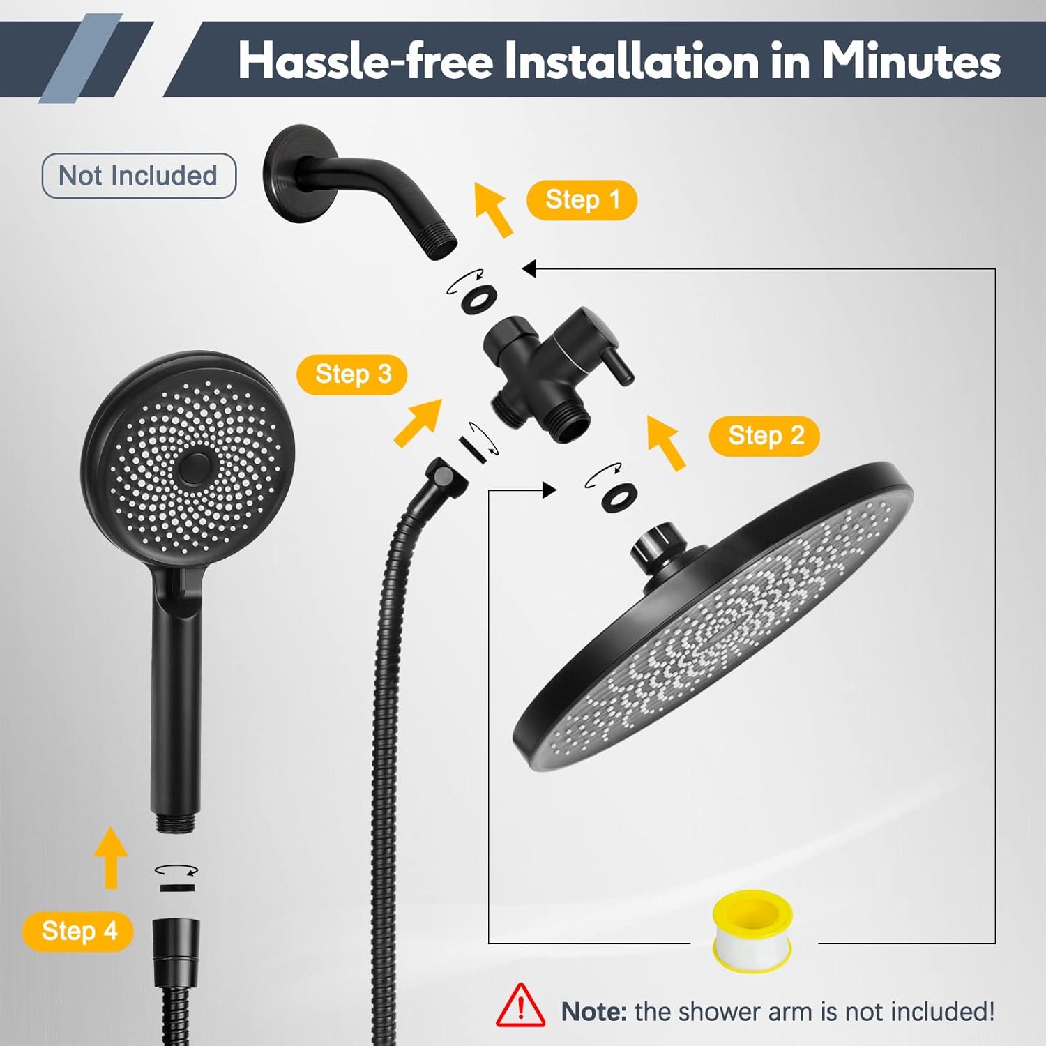Rain Shower Head with Handheld Spray, Lanhado 8.5'' Matte Black Shower Head with hose, 3 Setting High Pressure Shower Heads, Anti-leak Rainfall Shower Head with Holder, Waterfall Showerhead, Chrome - 