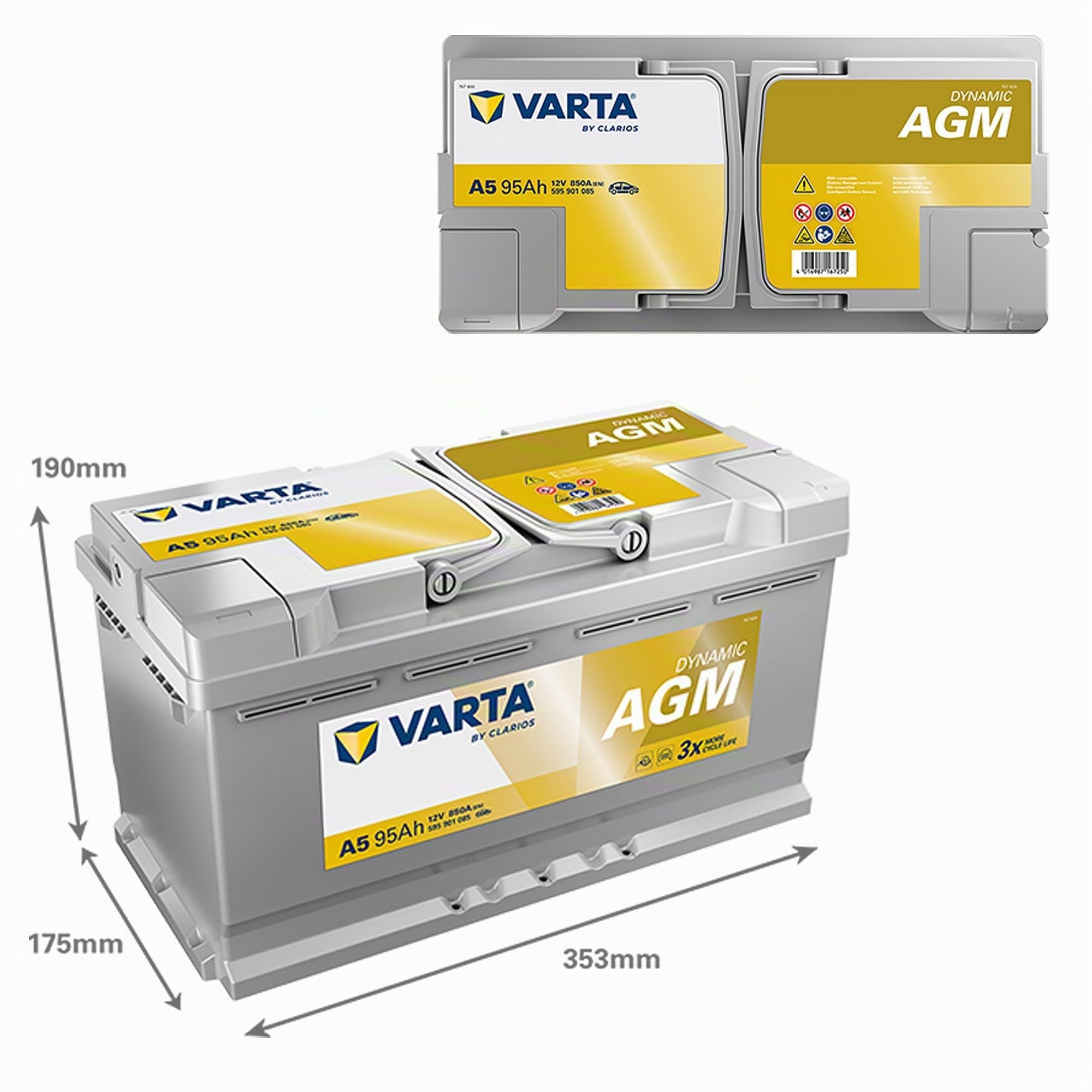 VARTA Batterie 95, Ah 850, A/EN 595901085K262 L 353mm B 175mm H 190mm