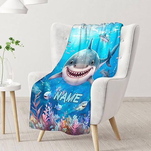 Miniatura 8 de Manta personalizada con nombre de tiburón  Suave, mullida y cálida  Manta pequeña de 40 x 30 pulgadas para oficina, silla, bonita manta azul, regalo