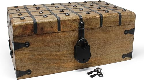 Miniatura 8 de Nautical Cove Caja de madera del cofre del tesoro con cerradura de hierro antiguo y llave de esqueleto (pequeña de 8 x 6 x 4.5 pulgadas),