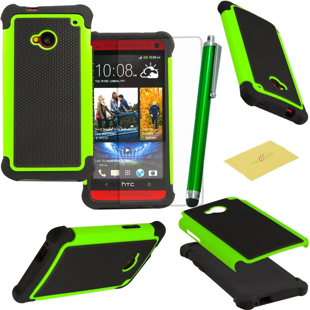 HTC One M7 Case, M7 Case, Fulland Deluxe Hybrid TUFF Rugged Shockproof Rubber + Hard Case Cover For HTC One M7 Plus Stylus Pen and Screen Protector-Green