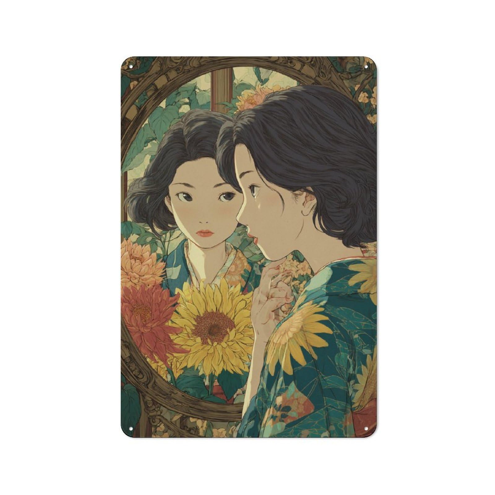 Junmoney Floral Reflections -1 Metal Plaque 30X20cm With For Hallway Wall, Retro Decor, For Wall Display Collectors