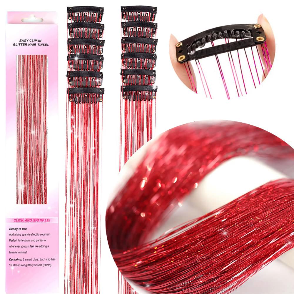 PORSMEER 12Pcs Clip in Hair Tinsel Kit,Colorful Red Glitter Heat Resistant Hair Tinsel Extensions Fairy Hair with Clips - Image 4