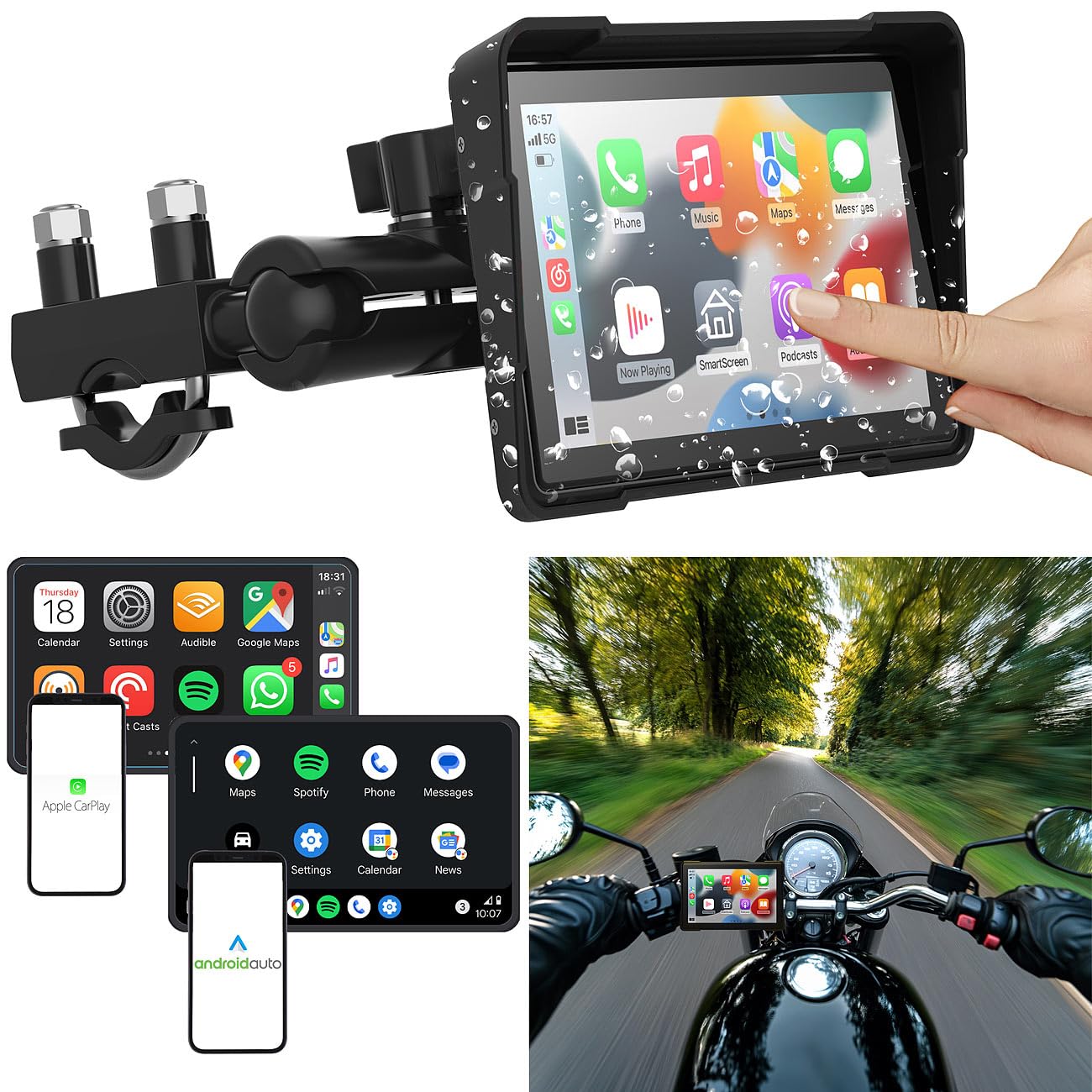 Lescars Navigation Motorrad: Motorrad Navi-Display, CarPlay- & Android Auto-kompatibel (Apple Carplay, Zubehör, GPS)
