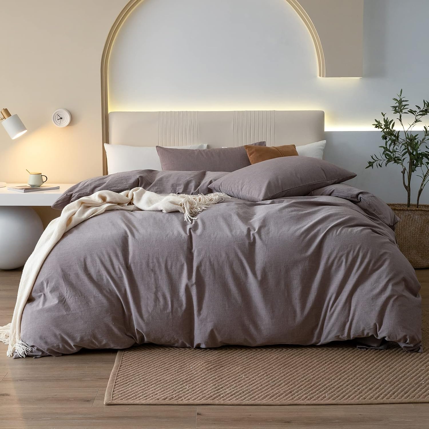 JIYUAN 100% Washed Cotton Duvet Cover Set Comfy Simple Style Soft Breathable Textured Durable Linen Feel Bedding for All Seasons King, Mauve Brown Mauve Brown(no Comforter) King(104"x90")