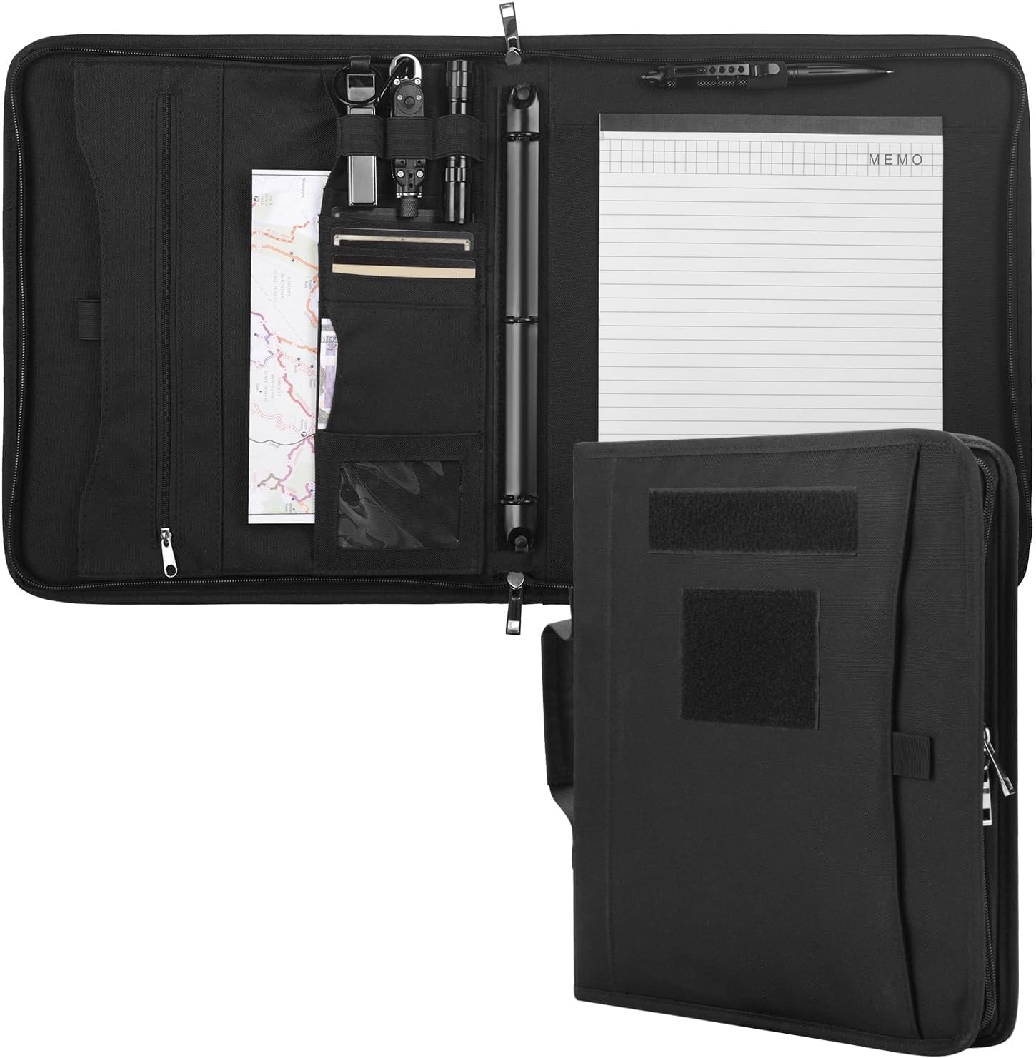 Kosibate Tactical Padfolio Portfolio Binder with Zipper and 25 Sheets of Letter Size Paper,Notebook Cover,Tactical Notebook with Zippered for Folders,Detachable 3-Ring Binder(A4,Black,13.5X 11.5Inch)