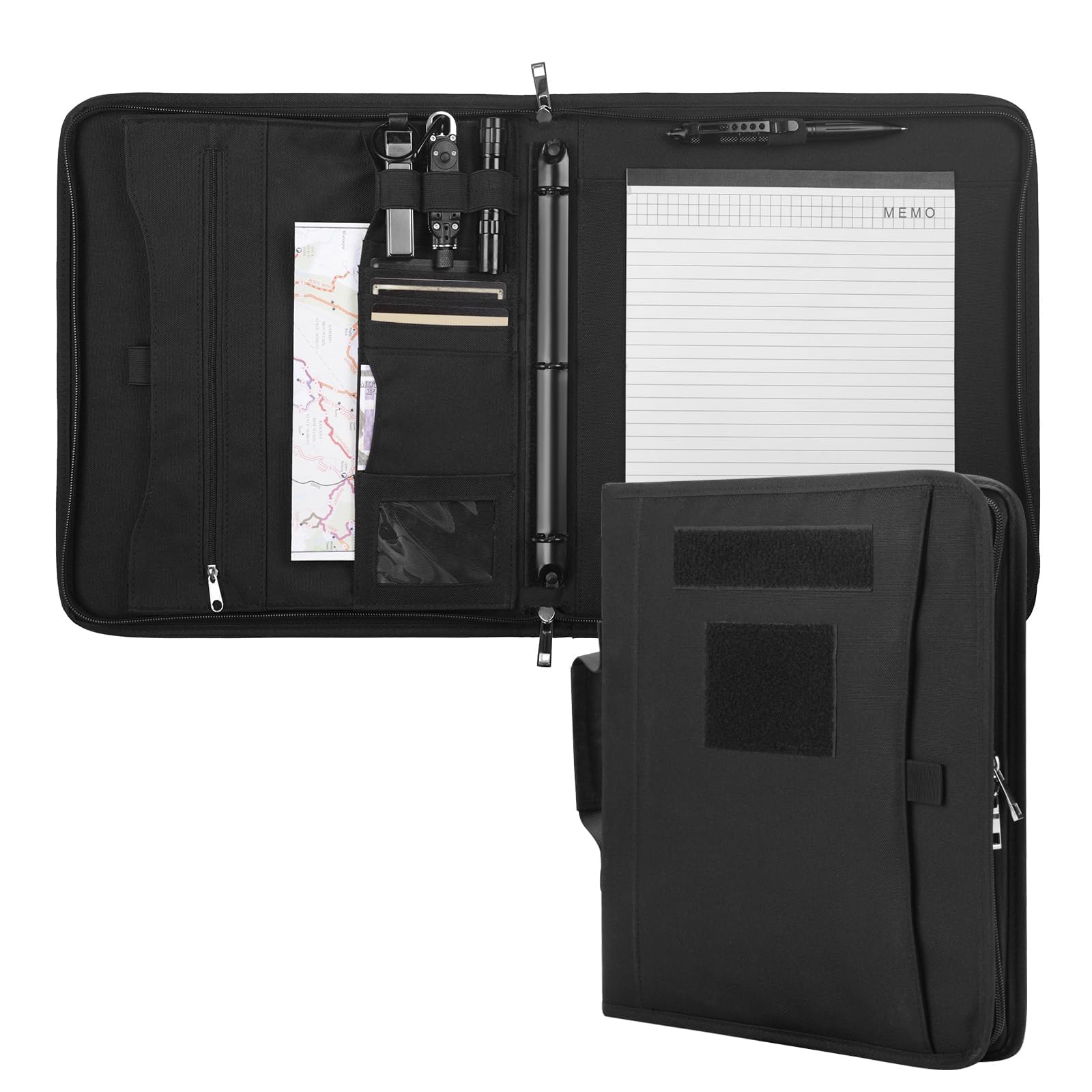 Kosibate Carpeta táctica con cremallera y 25 hojas de papel tamaño carta, cuaderno táctico con cremallera para carpetas, carpeta desmontable de 3 anillos (A4, negro, 13.5 x 11.5 pulgadas)