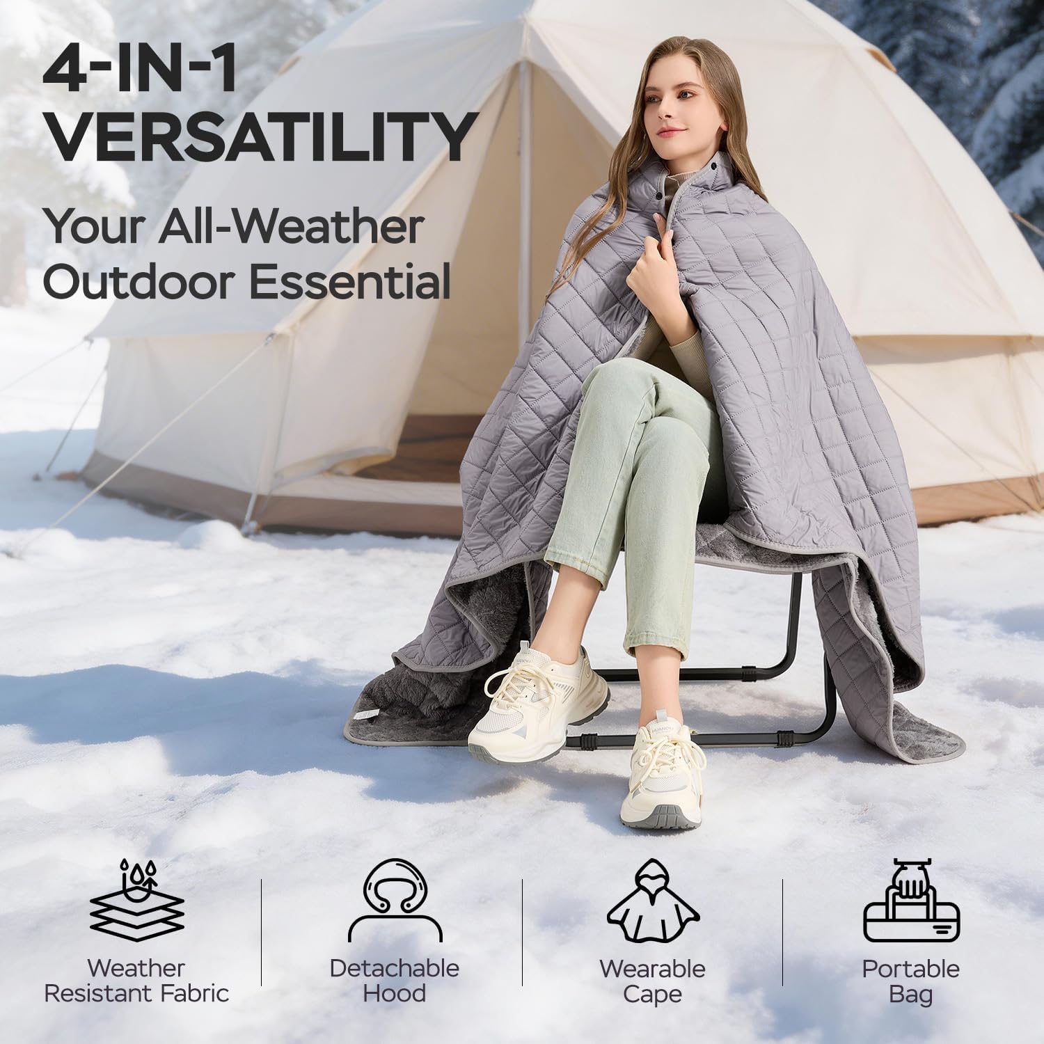 Waterproof Camping Blanket - Cozy Coral Fleece Lining, Triple Layers Warm Comfy Foldable for Camping Stadium, Beach, Picnic, Grass, Concerts, Car, Dog, 51''X 70'' Grey