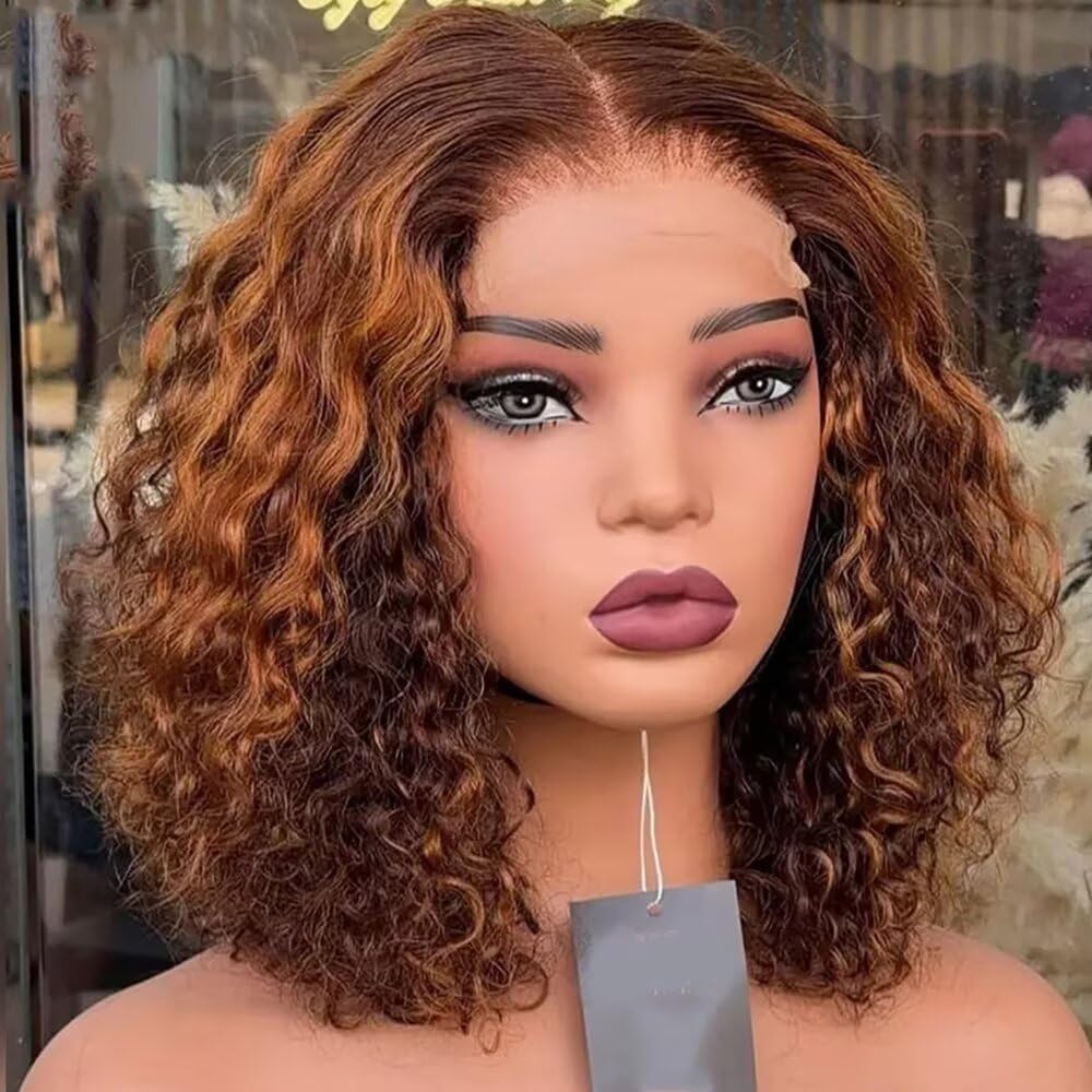 0.10mm Ultra-thin Crystal HD Lace Glueless Wig Brown and Honey Highlights Colored Short Wave Human Hair Wig SKINLIKE Swiss 9X6 Full Lace Front Wig with Bleached Knots Natural Baby Hair 150 Density