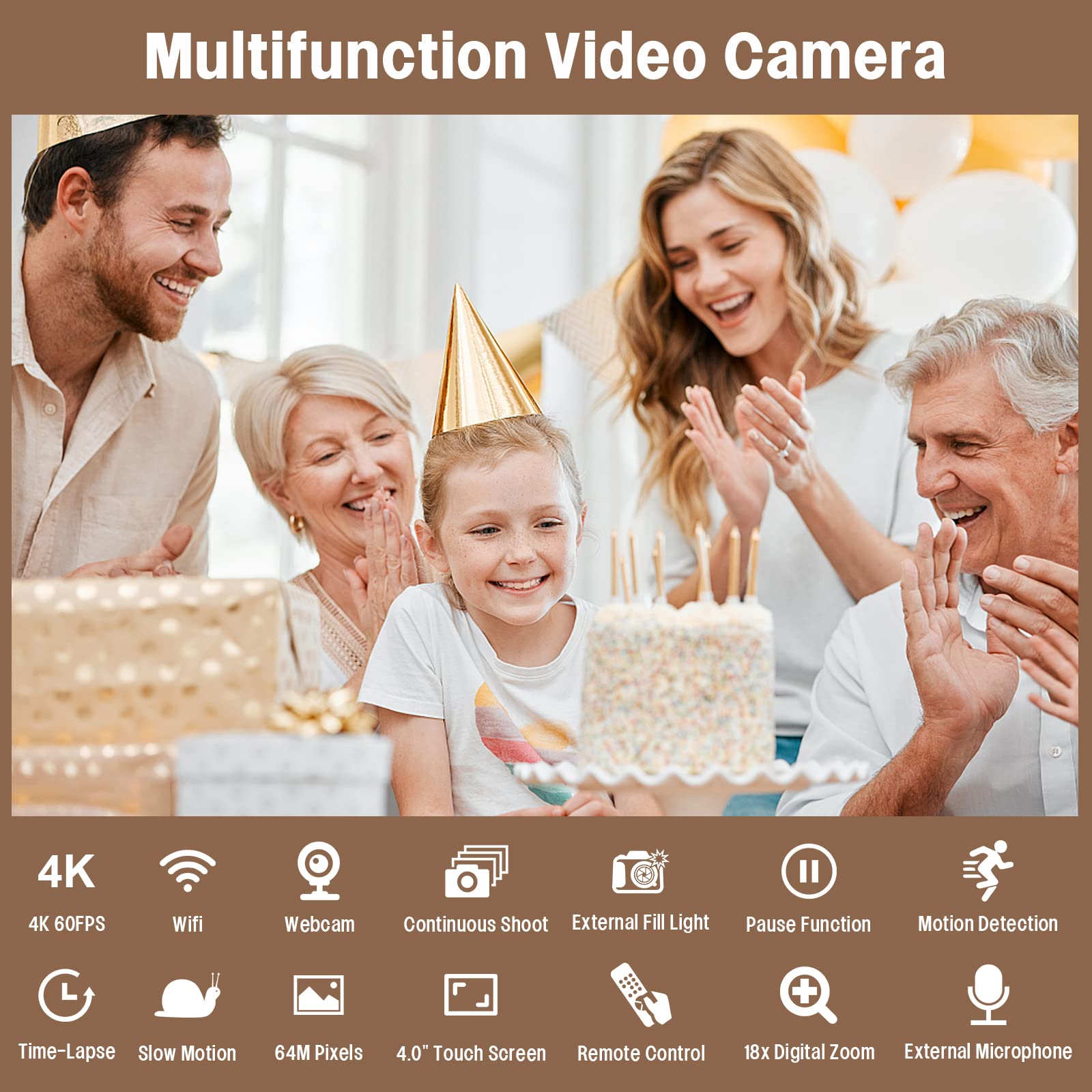 Videokamera 4K Camcorder HD 60FPS 64MP Autofokus Vlogging Kamera WiFi Webcam 18X Digital Zoom 4" Touchscreen YouTube Camera mit Mikrofon, LED Fülllicht, Stabilisator, Gegenlichtblende, 64G SD-Karte
