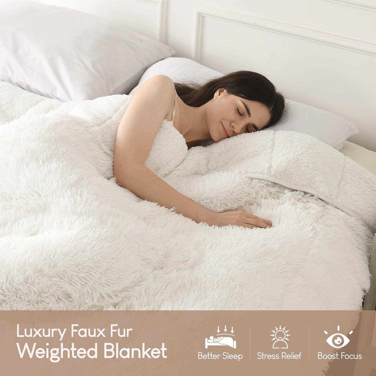 Cottonblue Fuzzy Sherpa Weighted Blanket 15lbs for Adult, Fluffy Faux Fur 48" X 72" Heavy Blanket for Queen Size Bed, Dual Sided Soft Plush Snugly Warm Throw Blanket for Sofa Bed, Cream White