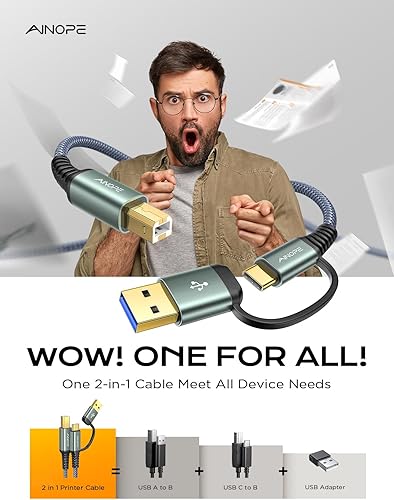 Miniatura 4 de AINOPE - Cable de impresora a USB, cable MIDI USB B a USB C de 480Mbps, cable de nylon trenzado tipo B para MacBook Pro, HP Canon Brother Dell Epson