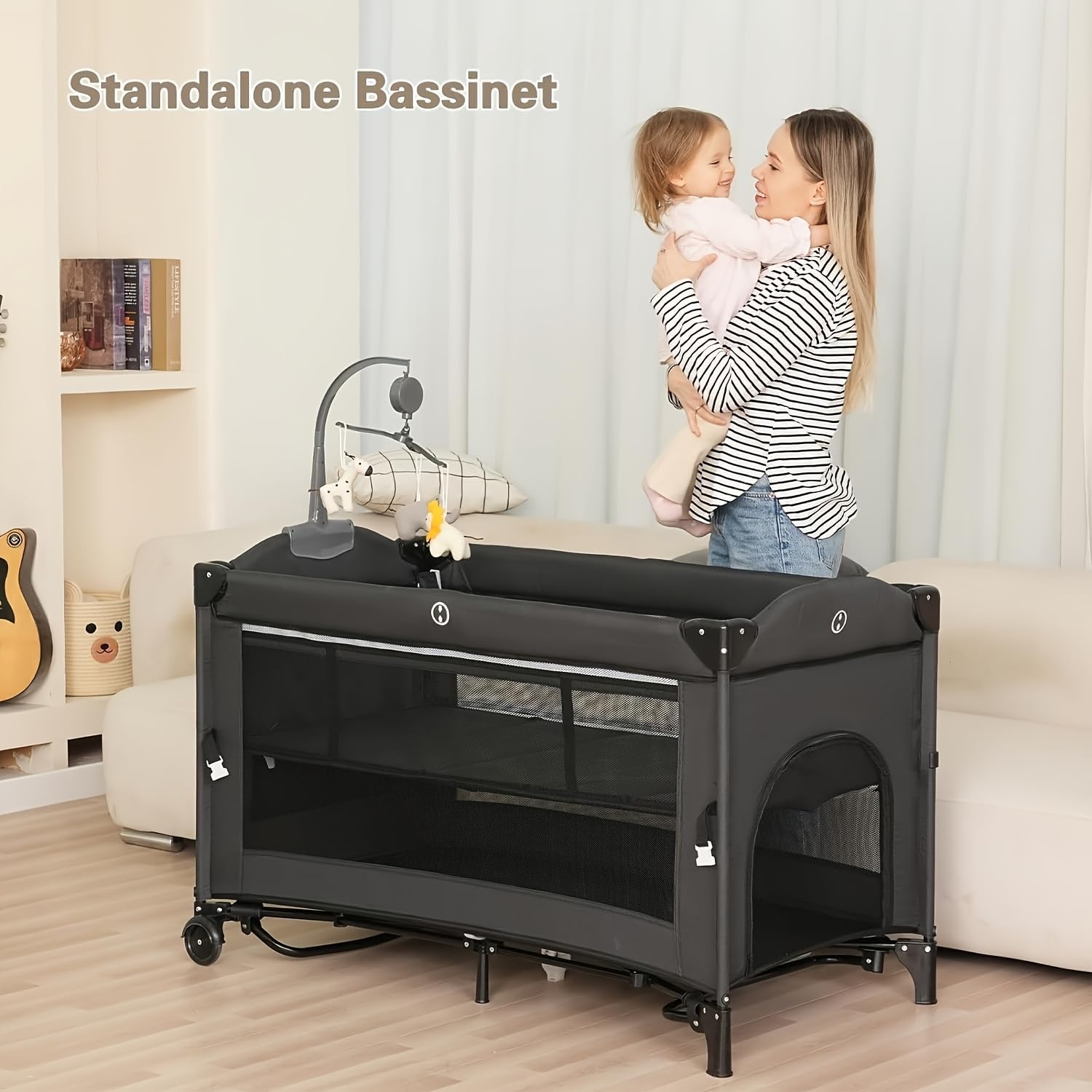 5 in 1 Baby Bassinet Bedside Sleeper,Pack and Play Bassinet with Diaper Changer(Grey)