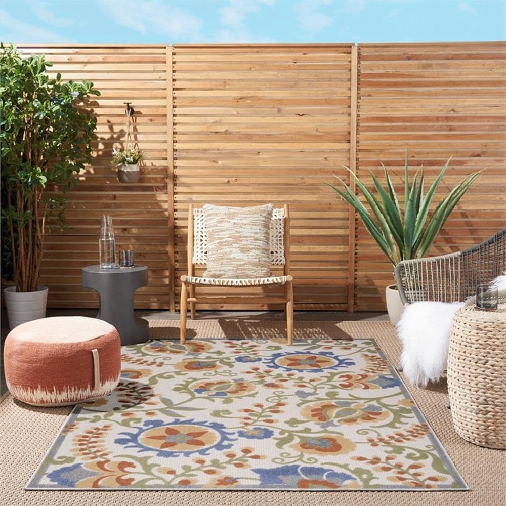 Pemberly Row 42x66 Polypropylene Area Rug, Ivory and Blue Finish, Flat-Woven High-Low Texture with Floral Pattern, Stain-Resistant Indoor/Outdoor Use, Easy to Clean