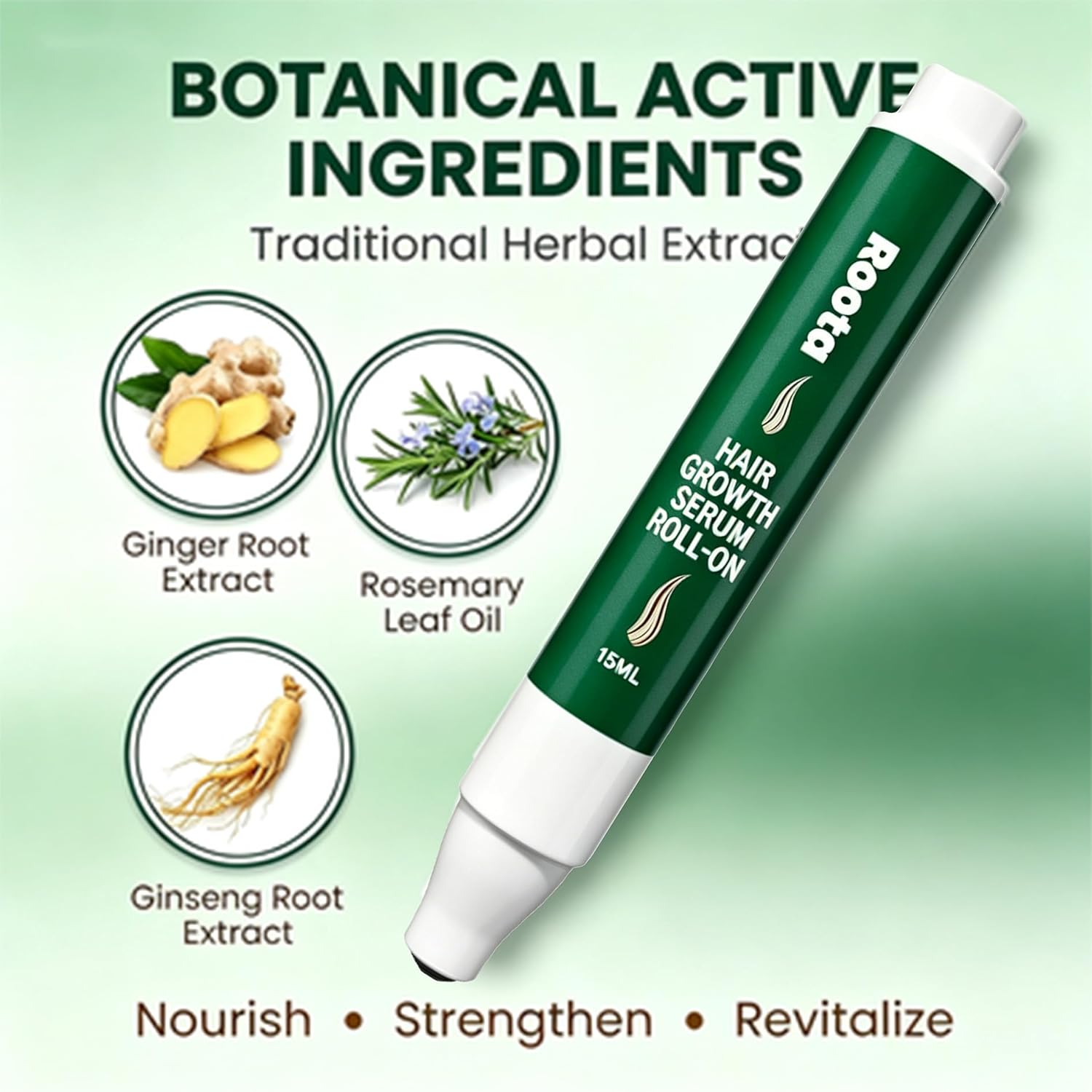 Roota Advanced Hair Growth Roll-On Serum，with Saw Palmetto, Rosemary & Pea Extract，Helps Support Thicker, Fuller Hair Appearance，Clean, Non-Greasy Hair Loss Support for Men & Women Pack of 15ml (1pcs)