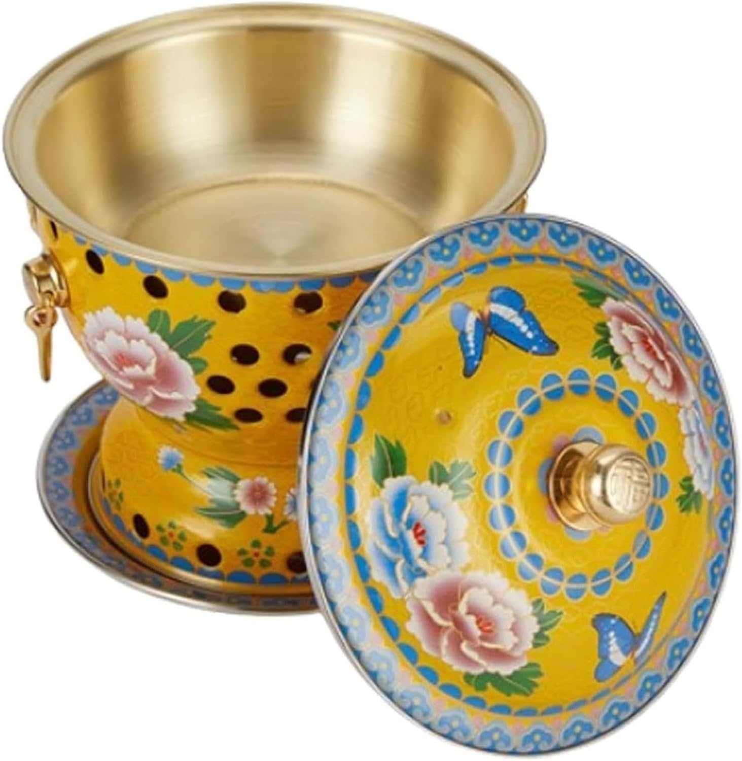 Cloisonne Copper Hot Pot Single Serving Beijing Style Alcohol Fuel Hot Pot，Old-Fashioned Cloisonne Alcohol Pot ，for Hiking Home Camping Picnics,G ﻿(E)