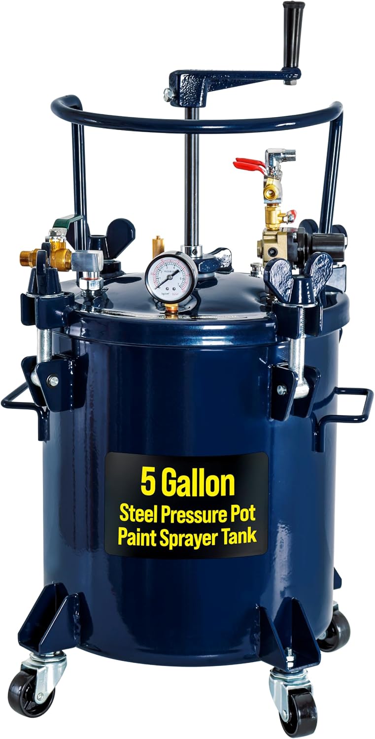 TCP Global 5 Gallon (20 Liter) Heavy Duty Steel Pressure Pot Paint Tank with Clamp on Lid, Manual Mixing Agitator, Regulator, and Gauge - Pressure Pot for Epoxy Resin, Painting, and Autobody