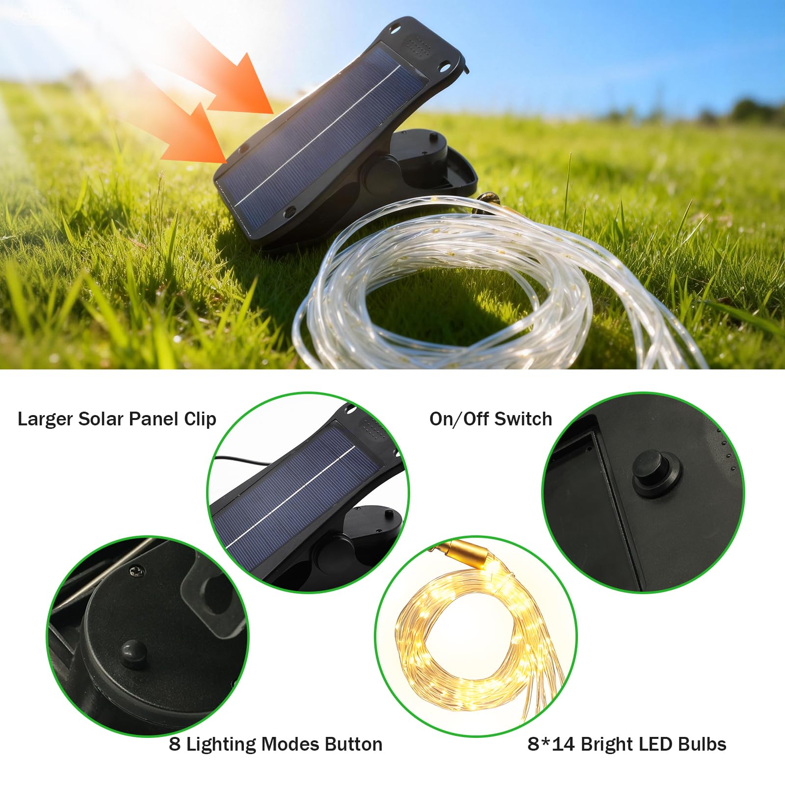 Lampes solaires pour parasol de terrasse avec 8 modes d'éclairage – Plus grand panneau solaire 5 V 152 LED – Étanche – Pour terrasse, plage, tente, camping, décoration de jardin, blanc chaud