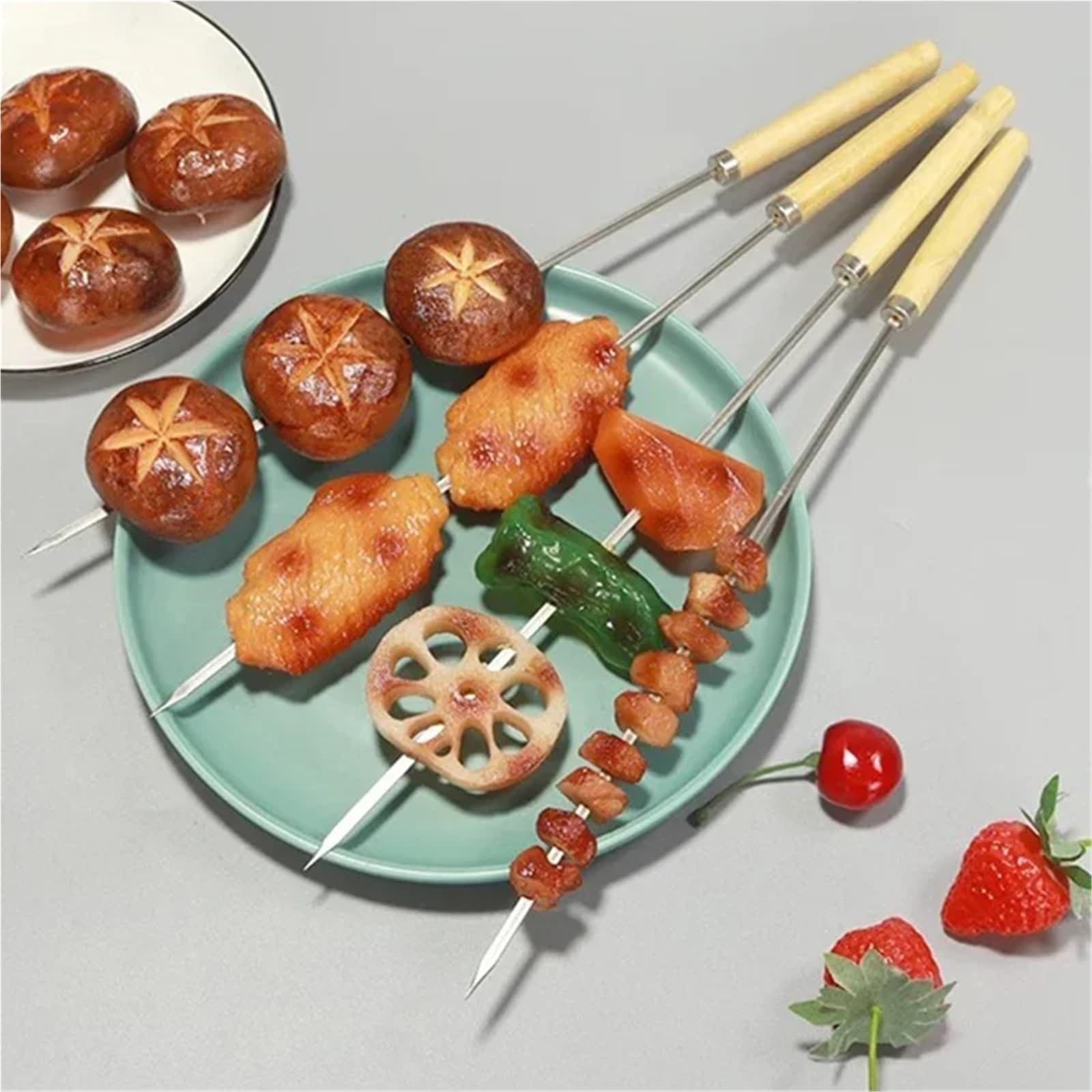 Grillspieße Edelstahl 50 Stück Wiederverwendbare Grillspieße aus Edelstahl mit Holzgriff, Kebab-Eisenstab(20pcs Style D)