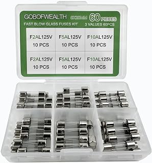 5x20mm 0.2x0.78 inches, Packaged in a Transparent Plastic Box, Suitable for Christmas Light Quick Burning Glass mini Fuse Combination kit 125V 2A 5A 10A amperes 3 Models, Total 60PCS