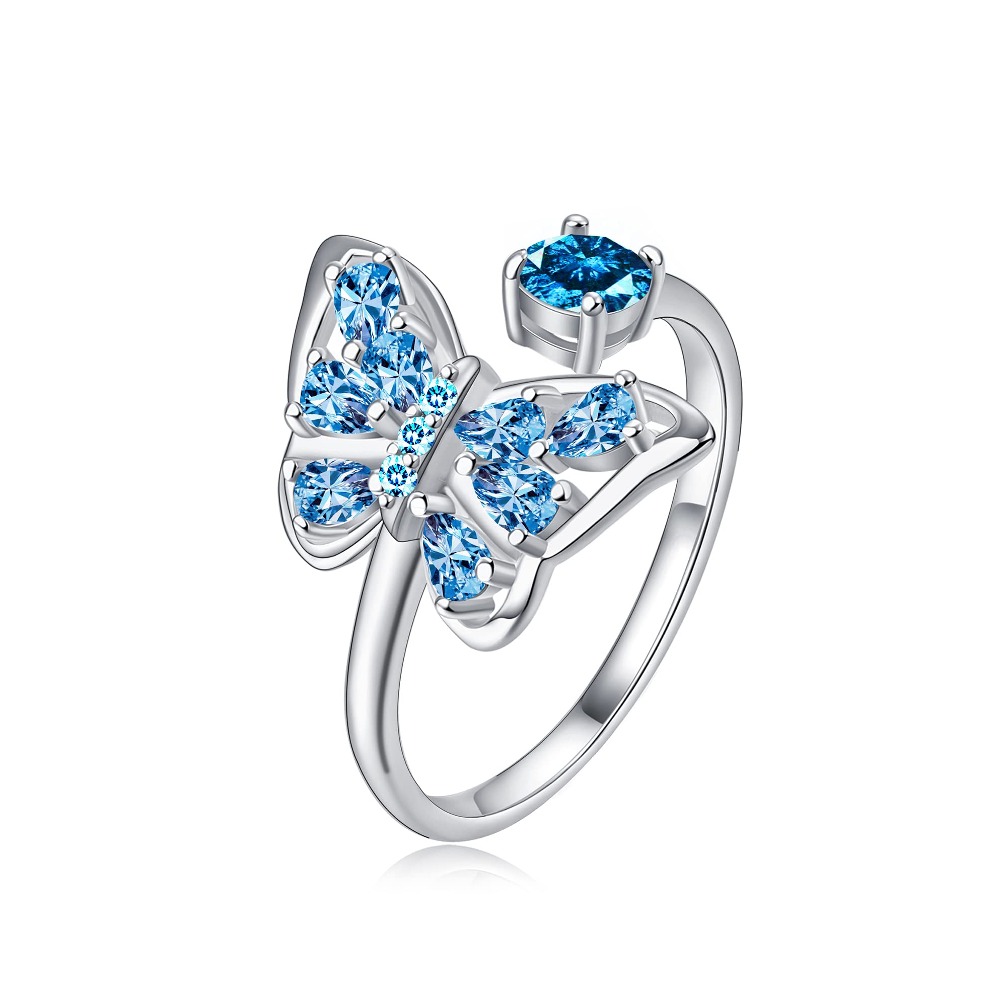 925 Sterling Silver Birthstone Cz Butterfly Open Rings Butterfly Stud Earrings Adjustable Jewelry for Women for Valentines Mothers Day Anniversary Birthday Gifts