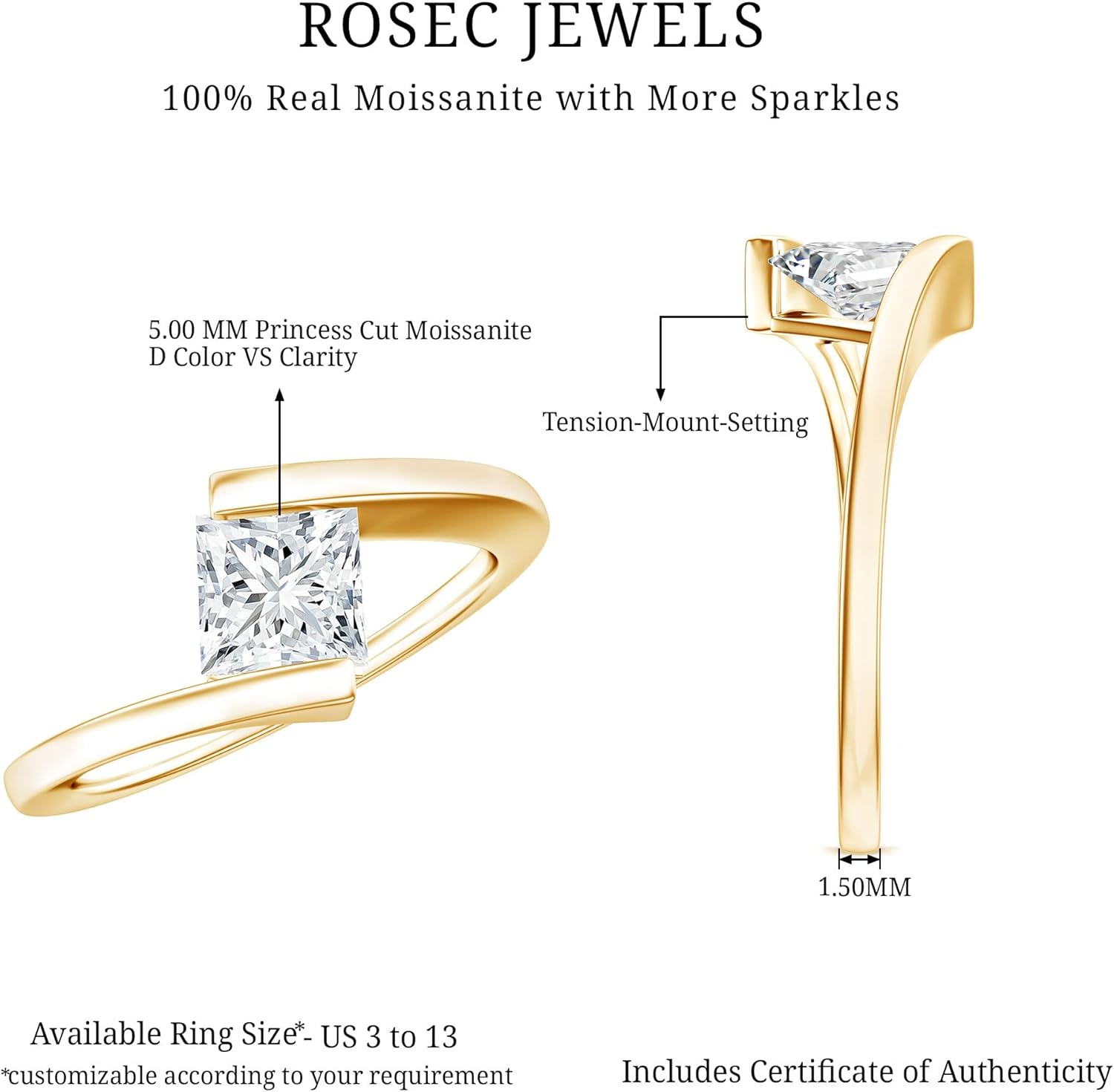 Certified 0.7 Carat Moissanite Princess Cut Engagement Ring, D-Vs1 Quality, Moissanite Bypass Ring - Mothers Day Gift