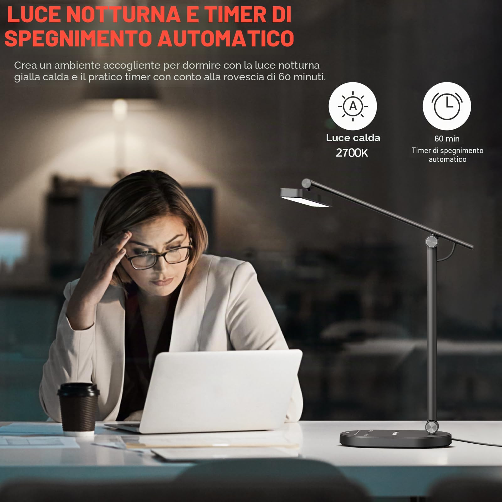 Honeywell HWT-H4 Lampada da Scrivania LED 700LM, Protezione degli Occhi, 3 Temperature di Colore e 5 Livelli di Luminosità, Sensore Auto-Dimming, Timer 60 Minuti, Lampada per Studio, Lettura e Ufficio