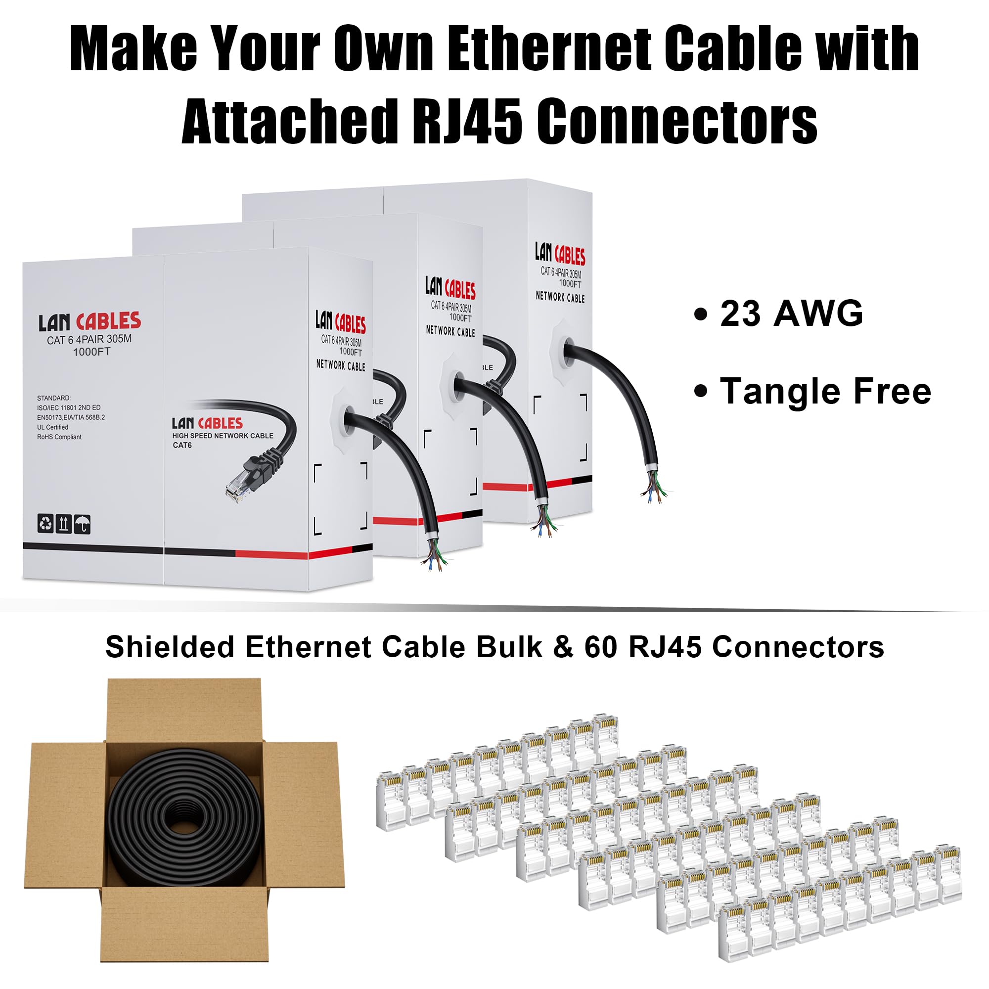 MEIPEK Câble Ethernet Cat 6 de 304,8 m d'extérieur (60 RJ45), FTP blindé Cat 6 en vrac, 23 AWG, très résistant, à enfouissement direct, imperméable, résistant aux UV, pour routeur, PC, jeux, CCA