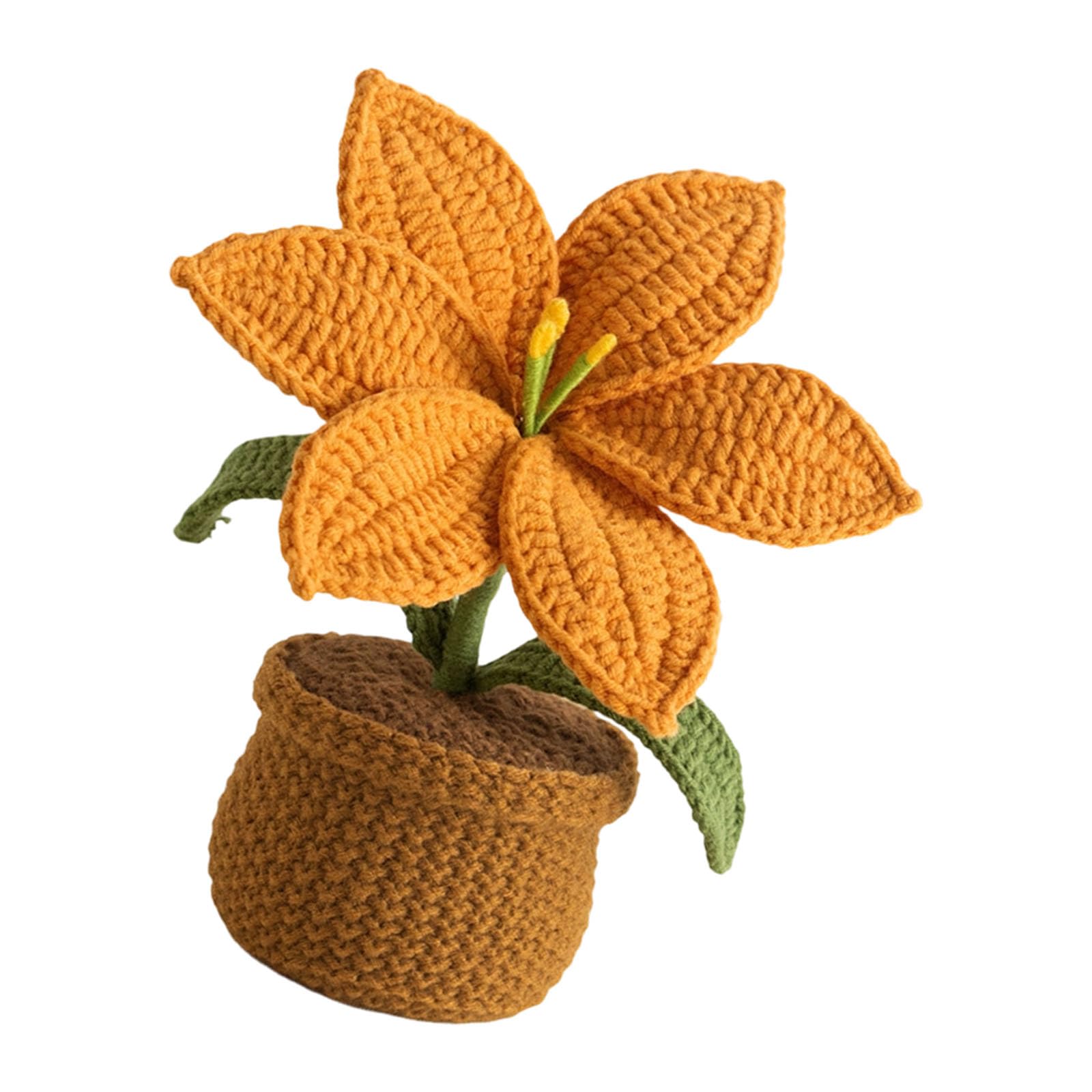 Hredyqw Handmade Crochet Lilies Potted Plant Artificial Knitted Flower Pots Ornament For Home Offices Decors Festives