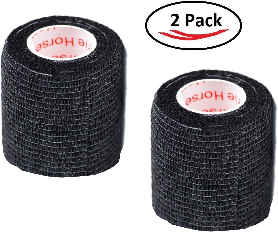 Vet Wrap Tape (Black) (2 Pack) (2 Inch x 15 feet) Self Adhesive Adherent Adhering Cohesive Flex Self Stick Bandage Grip Roll Dog Cat Pet Horse