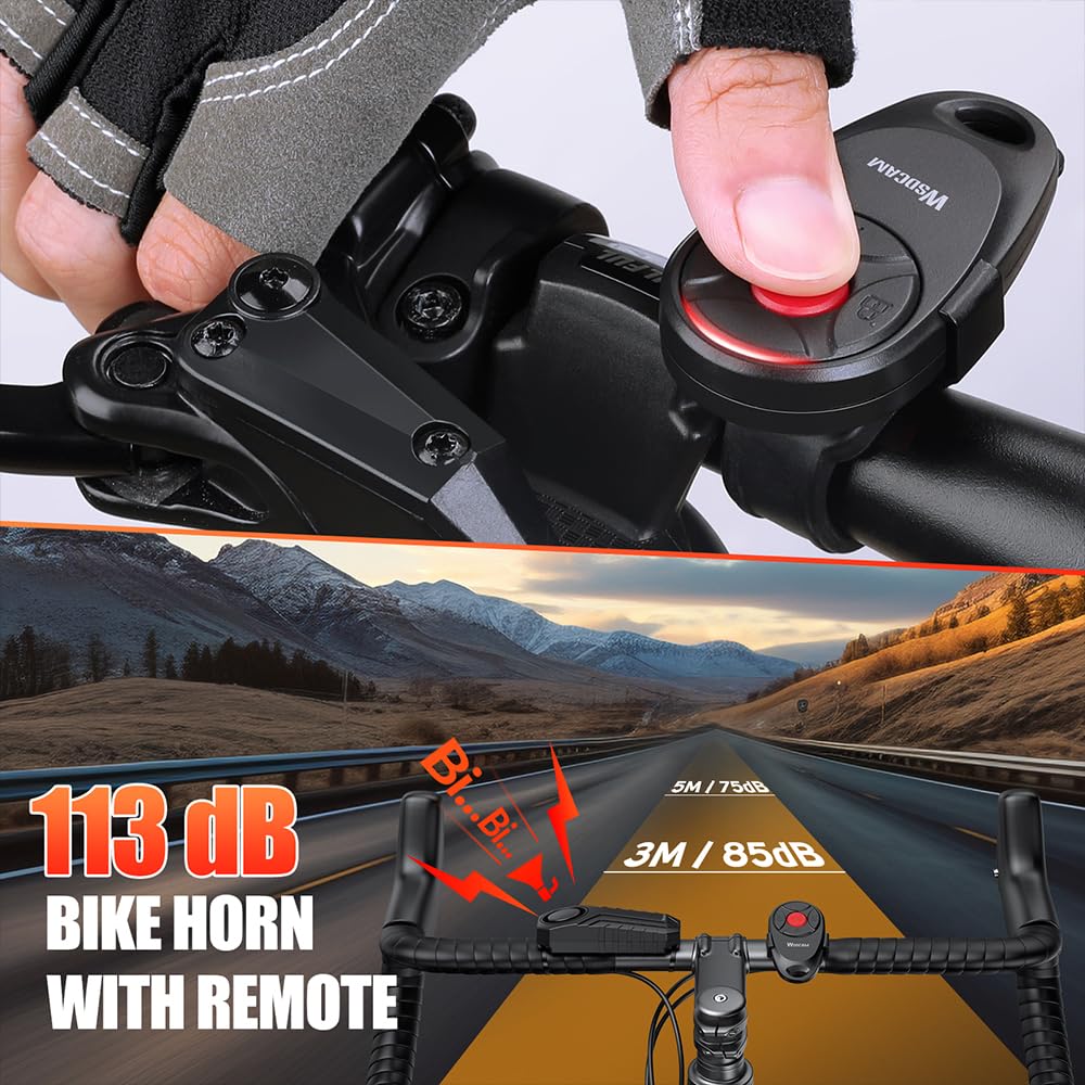 WSDCAM Allarme per bici aggiornato con telecomando, allarme di sicurezza antifurto forte da 113 dB, raggio di 60 m, impermeabile IP65, ricaricabile USB-C, clacson e localizzatore per bici elettriche