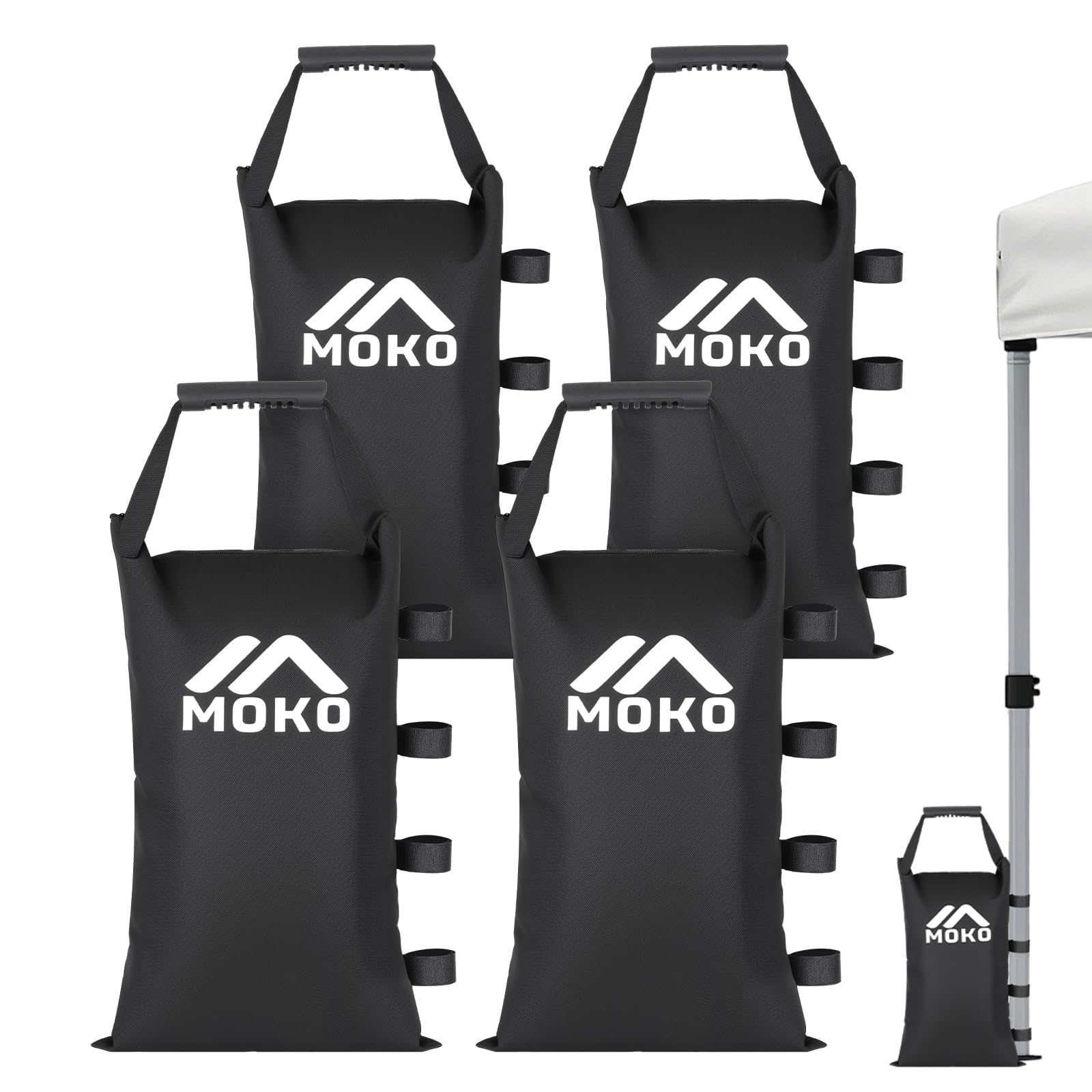 MoKo 120 LBS Sand Bags for Canopy Legs (Set of 4, Without Sand), Weighted Bags with Handle & Fixing Strap, Windproof & Portable to Secure Tent, Canopies, Zipper Top Sandbags for Weight, Black