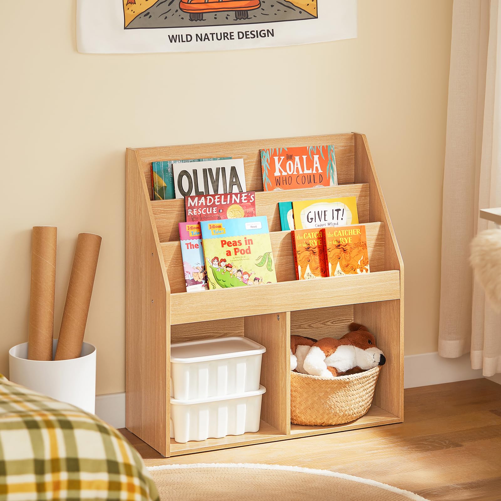 SoBuy Dziecięca Biblioteczka i Regał na Zabawki z 3 Poziomami i 2 Przegrodami, Regał na Książki do Pokoju Niemowlęcego, Naturalny, 73x30x80 cm, KMB01-N