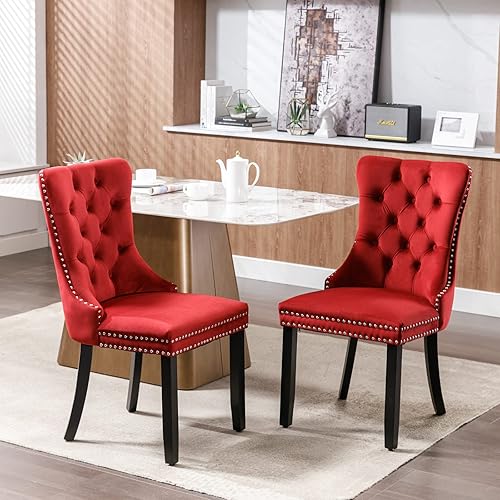 LZ LEISURE ZONE Juego de 2 sillas de comedor de terciopelo, sillas decorativas tapizadas con patas de madera, borde plateado con cabeza de clavo,