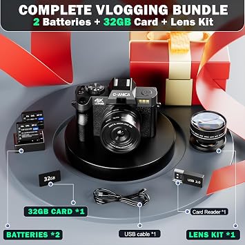 G-Anica 4K Vlogging Camera with Detachable Macro & Wide Lens Kit - WiFi & App Control, Supports up to 48MP Photos, Compact Digital Camera for Beginners, 16X Zoom & Anti-Shake (32GB Card Included)