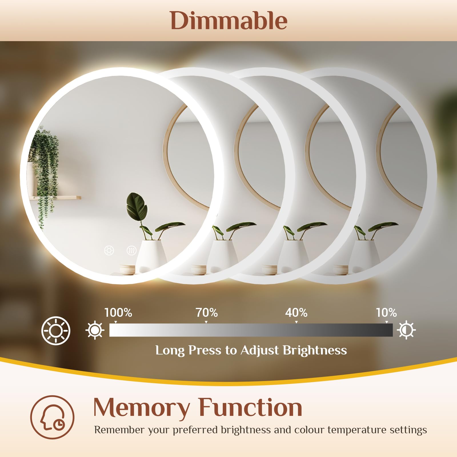 Clevich Badspiegel mit Beleuchtung rund 80 cm, LED Spiegel mit 3 Lichtfarben dimmbar, gehärtetes Glas und mattierter Rand, Touch-Schalter, Memory-Funktion, beschlagfrei, Badezimmerspiegel mit Licht