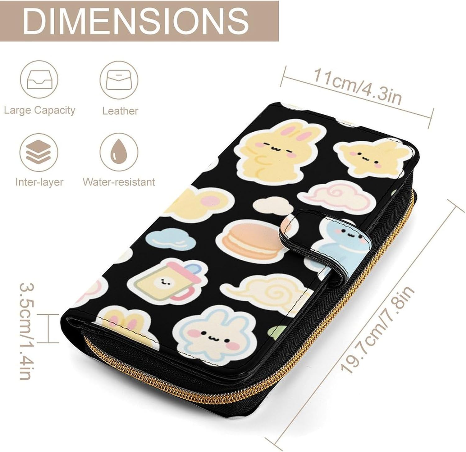Black Bunny Blueberry Wallet,PU Leather Material, Small Wallet,Bifold with Zipper, Travel Wallet,Compact And Portable for Men And Women 7.8 * 4.3 * 1.4 Inches
