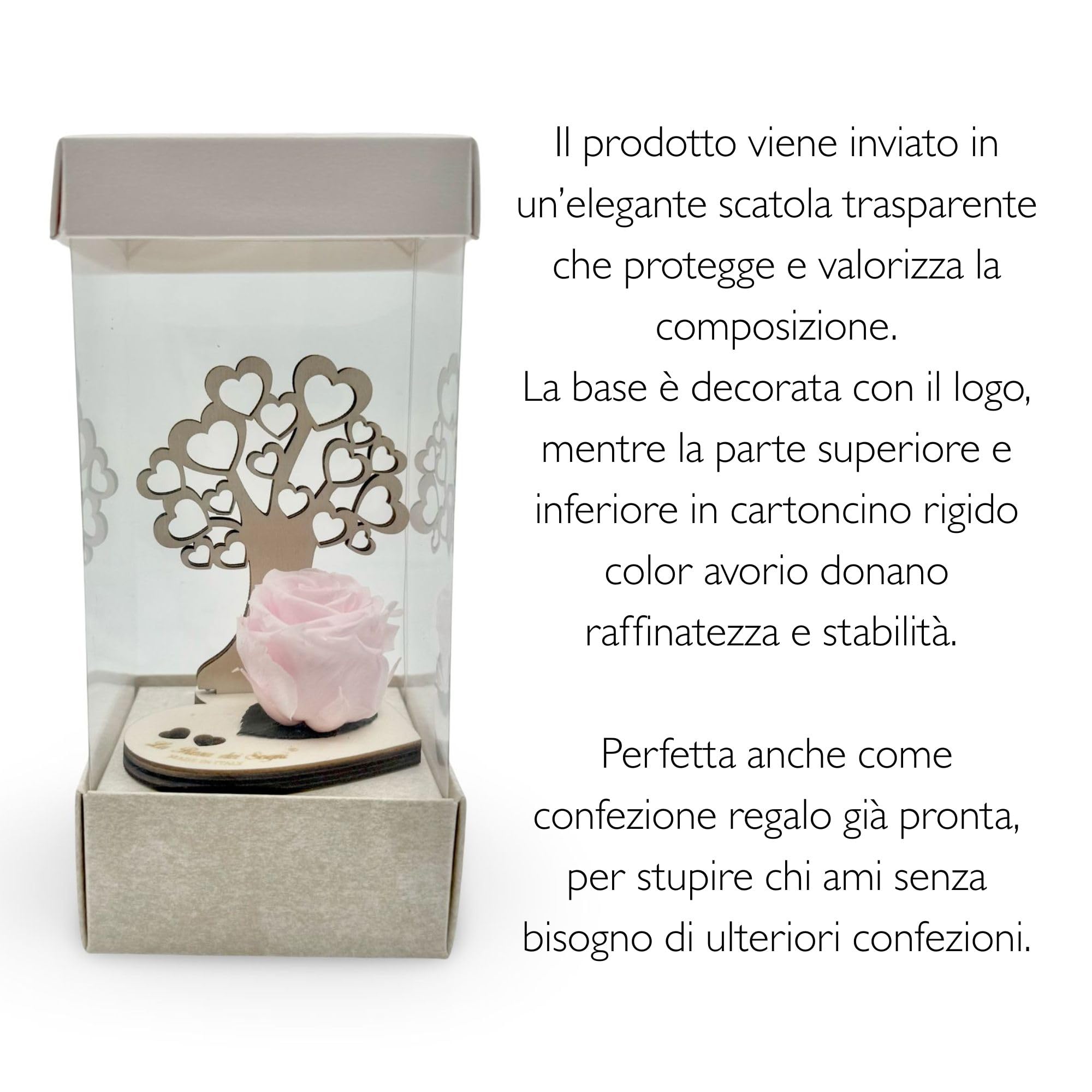Rosa Stabilizzata con Albero della Vita in Legno – Fiore Naturale a Lunga Durata, Intaglio Laser e Scatola Elegante – Idea Regalo Simbolica Made in Italy (Rosa)