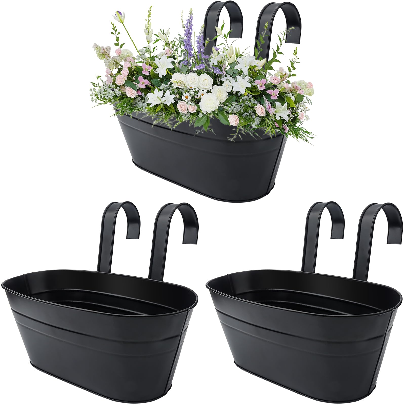 Roellgs 3Pcs Metal Hanging Flower Pots, 28.5cm Large Plant Pots Hanging Flower Bucket with Detachable Hook for Balcony Fence Garden Home Decor (3, Black)
