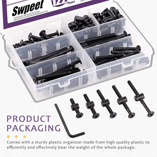 Miniatura 6 de Swpeet 120 tornillos para cuna, negro M6 × 354555652.953 in, perno de cuna y tuercas de barril con 1 llave Allen perfecta para muebles, cunas,