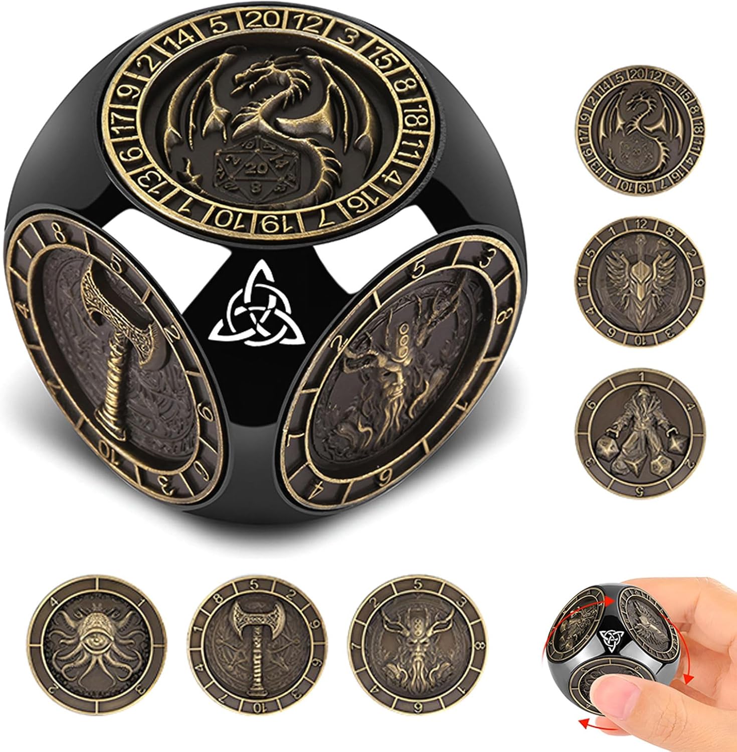 DND Spinner Dice for DND Gifts, Metal Dice Set with 3D Relief, Polyhedral Roleplaying Game Dice, Fantasy D&D Tabletop RPG Accessories for DM & Player (Black-Gold)