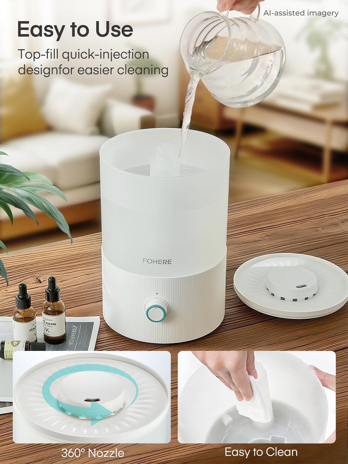 FOHERE Humidificateurs pour la chambre à coucher, humidificateur ultrasonique à remplissage par le haut de 3.2L à brume froide pour les chambres de bébé et les plantes, Blanc