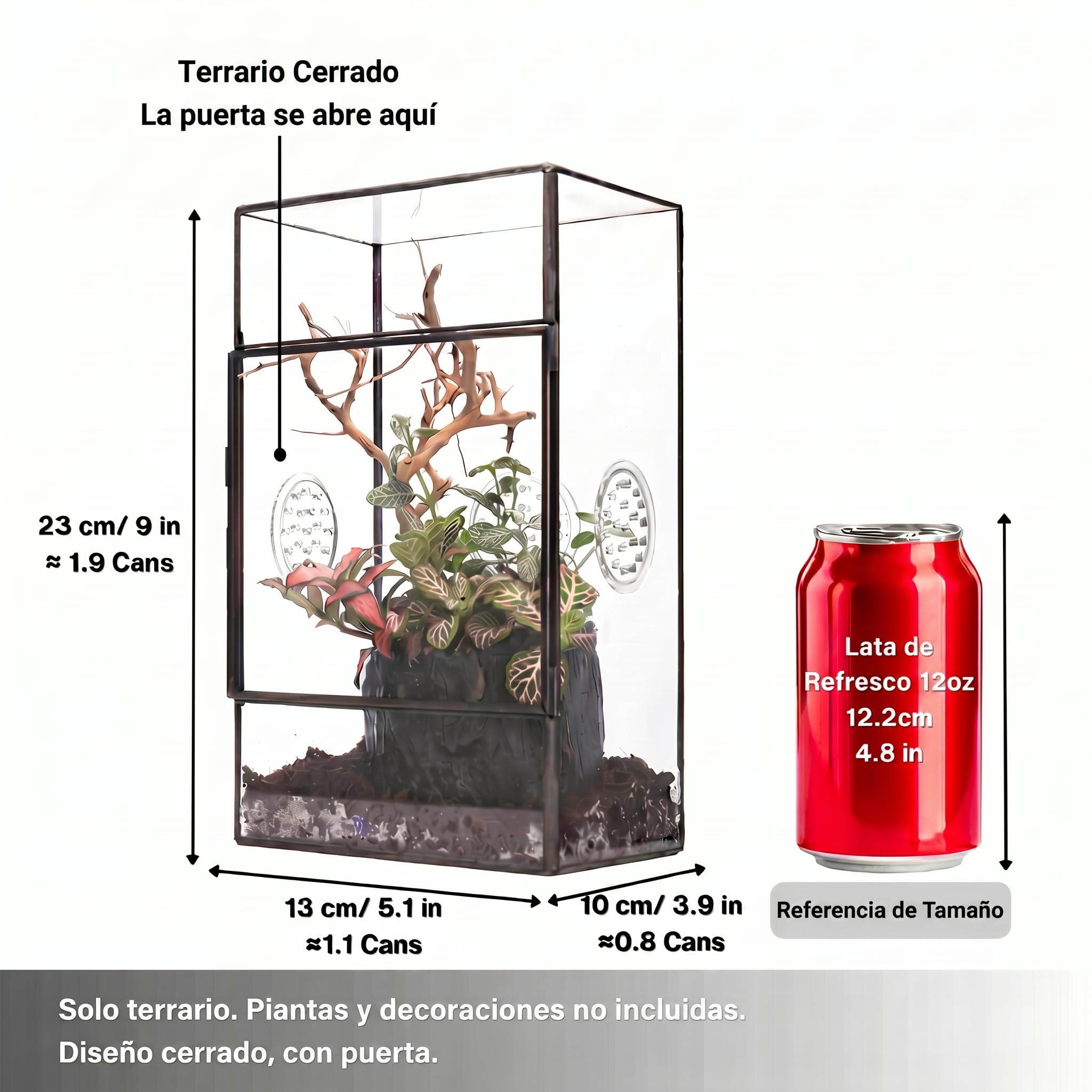 NCYP Recinto de cristal con puerta lateral y tres agujeros de ventilación para araña saltarina grande, 13 x 10 x 23 cm, rectangular, negro, pequeñas suculentas, terrario (solo terrario)