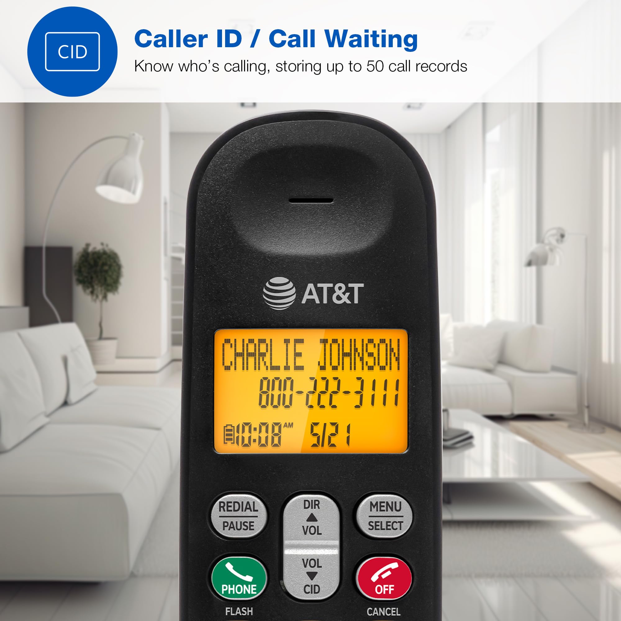 AT&T Cordless Phone 2 Handsets, with LCD Display, Lighted Keypad, Caller ID/Call Waiting, DECT 6.0 Full-Duplex Handset Speakerphone, ECO Mode, Voicemail Indication, Quiet Mode, Intercom: EL1101-2