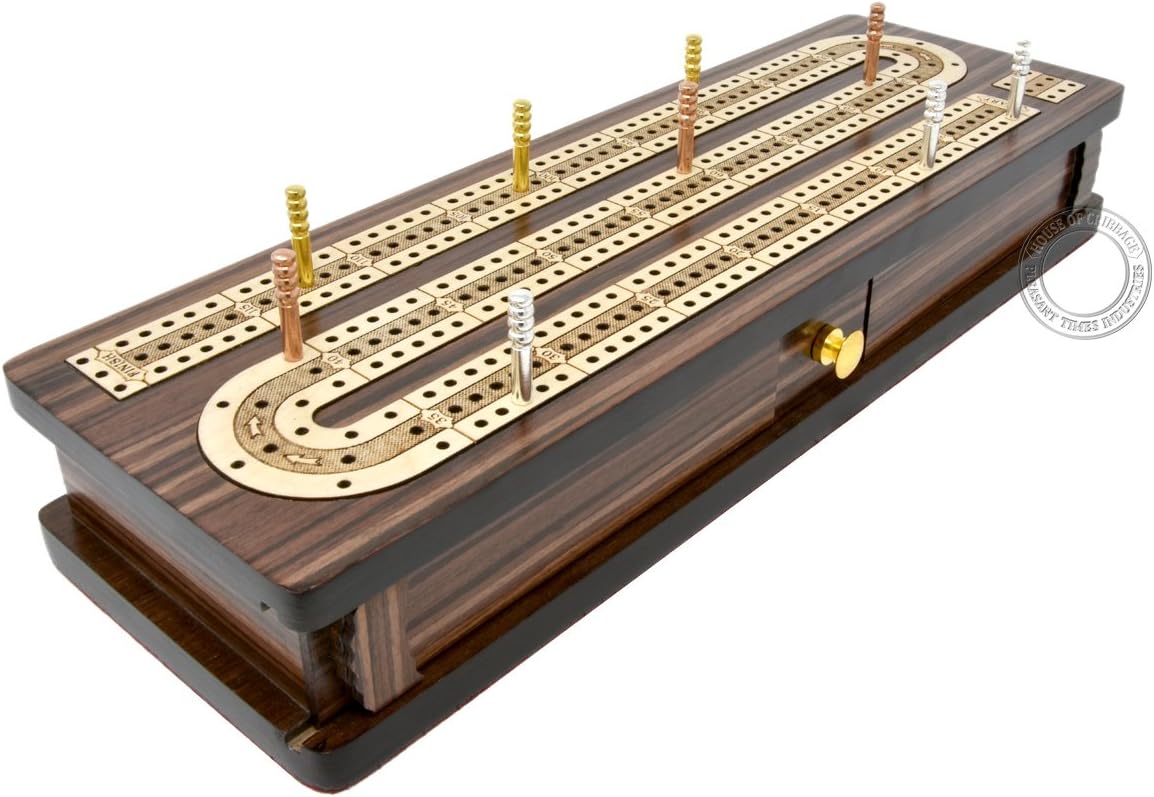 House of Cribbage - Continuous Cribbage Board/Box Inlaid in Rosewood/Maple 12" - 3 Tracks - Sliding Lid Drawer